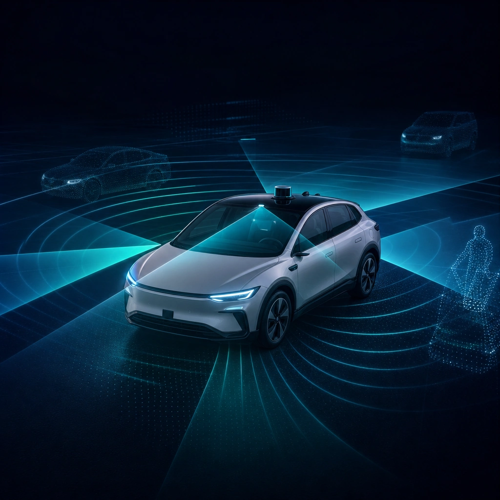Abstract conceptual visualization of a multi-sensor vehicle utilizing LiDAR, radar, and vision systems.