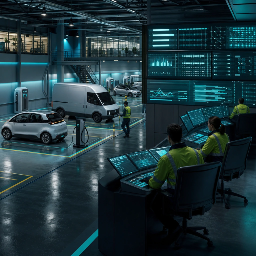 Conceptual fleet charging and monitoring hub, not a photograph of this location