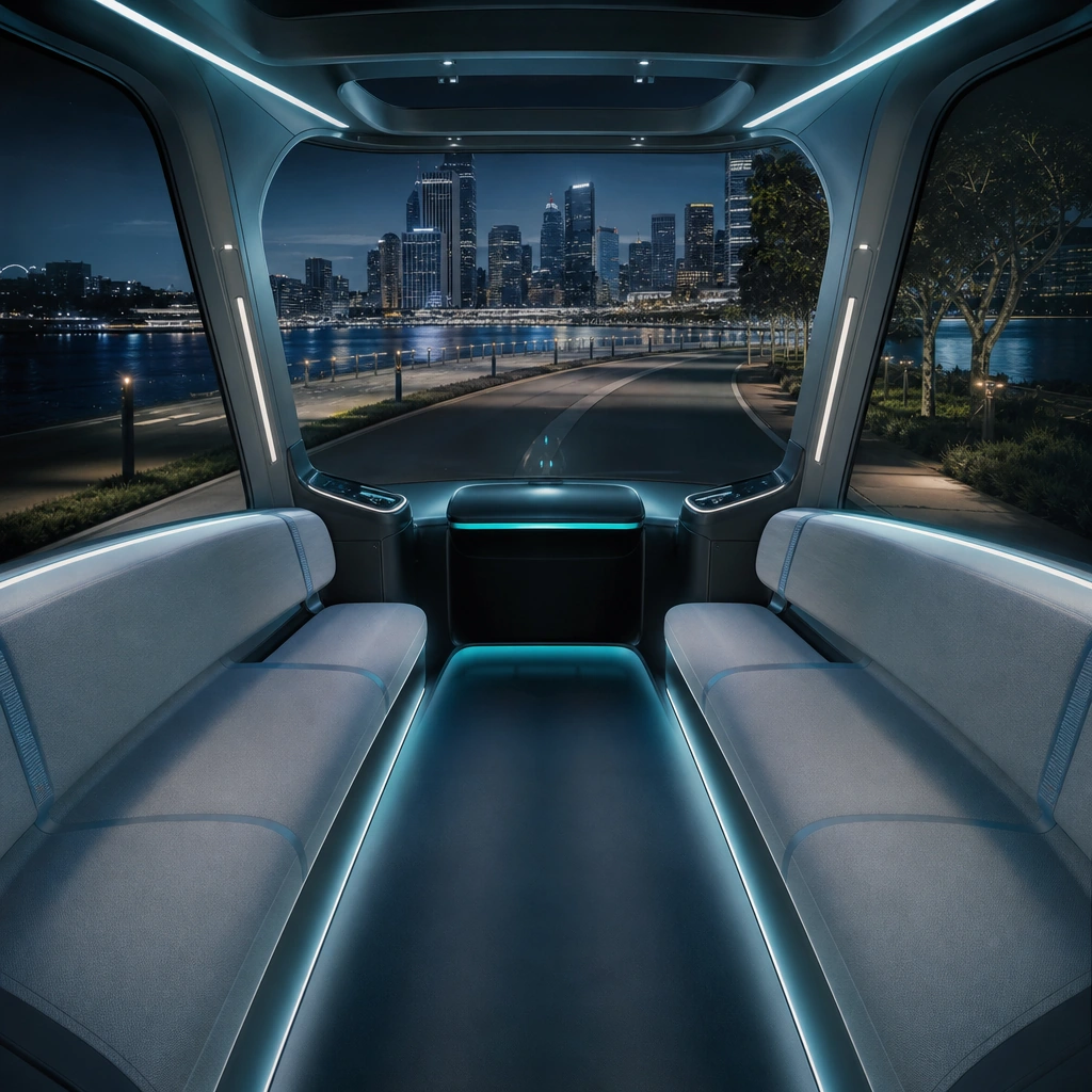Interior conceptual visualization of a futuristic, spacious autonomous passenger cabin without manual controls.