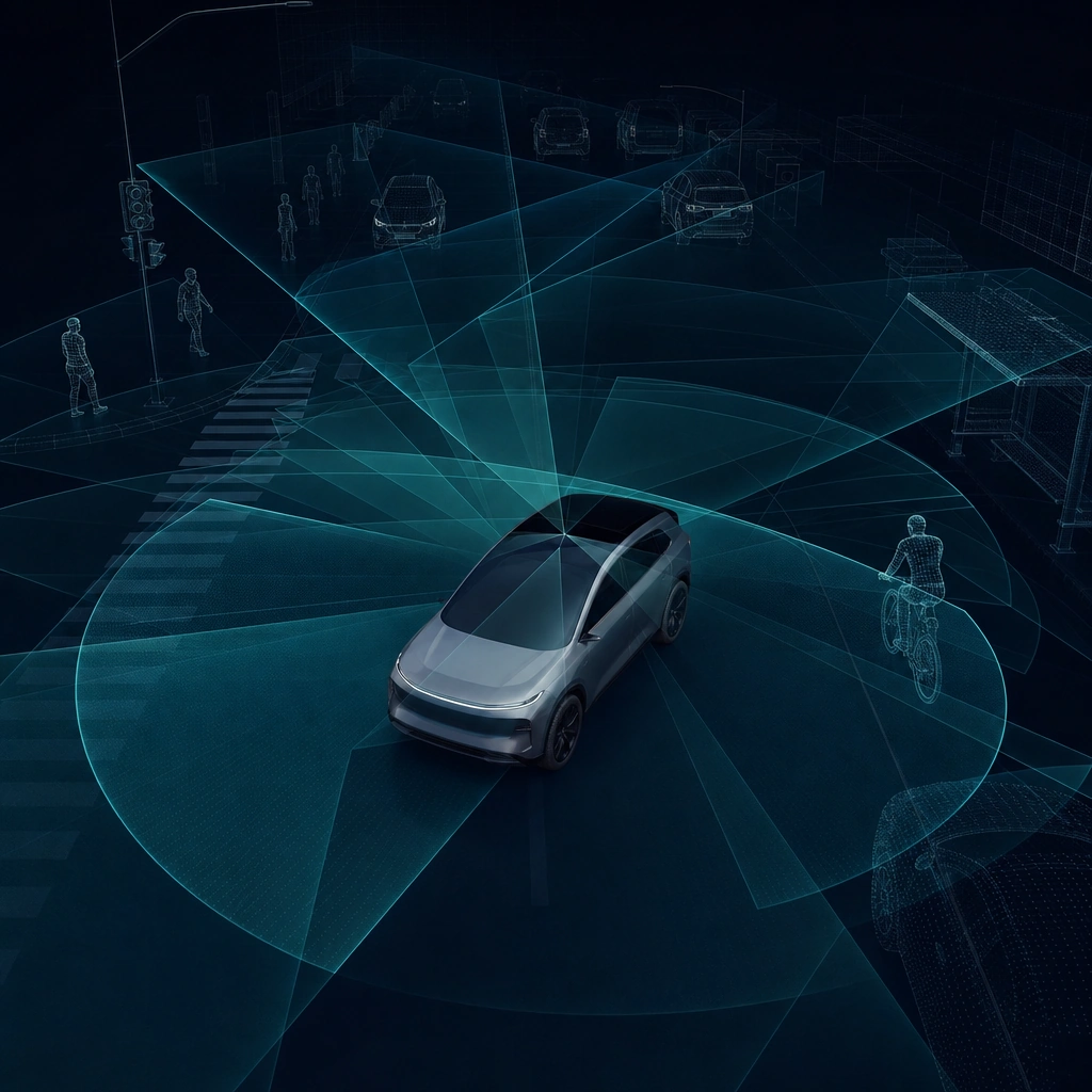 Abstract conceptual visualization of a vehicle relying on camera vision networks for environmental understanding.